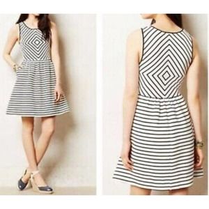 Anthropologie Maeve Black White Striped Fit Flare Sleeveless Dress Size 0